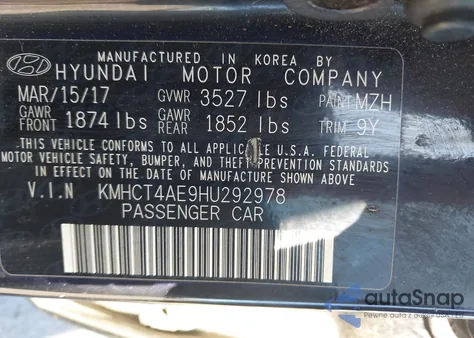2017 Hyundai Accent Se from USA, damaged, VIN KMHCT4AE9HU292978